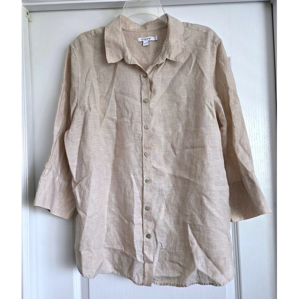 Chicos 100% Linen Button Down Shirt Oatmeal Beige 3/4 Sleeve Size 3 XL 16